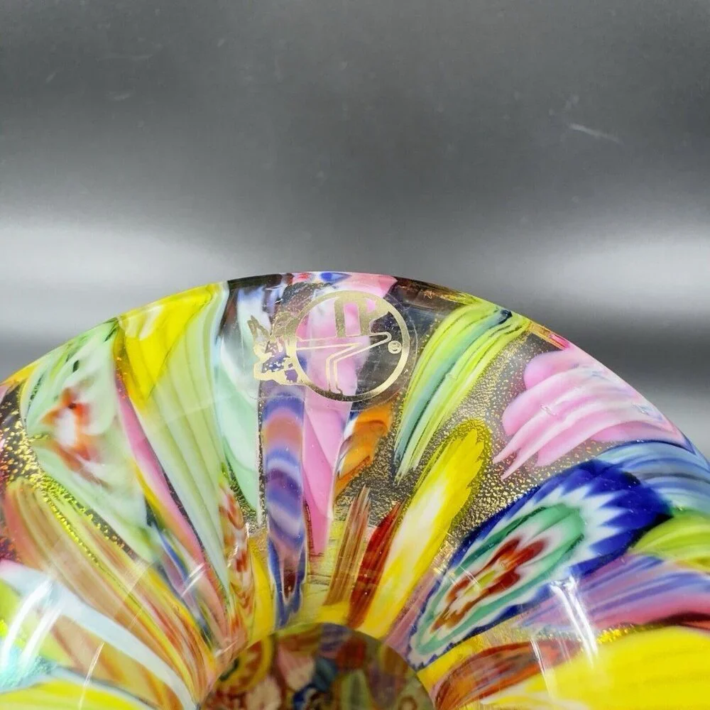 Murano Italian Glass Vase Gold Flecks Aventurine Large Multicolor Millefiori VTG